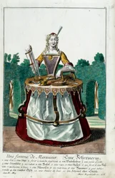Metier: Puusepän vaimo. Kaiverrus Martin Engelbrecht (1684-1756), "" Uusi kokoonpano of the manouvries habilles"" 17th century, Saksa. Pariisi, koristetaide