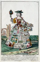 Metier: Kuvamyyjä. Kaiverrus Martin Engelbrecht (1684-1756), "" Uusi kokoonpano of the manouvries habilles"" 17th century, Saksa. Pariisi, koristetaide