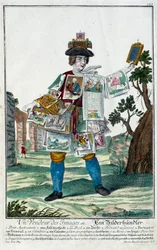 Metier: Kuvamyyjä. Kaiverrus Martin Engelbrecht (1684-1756), "" Uusi kokoonpano of the manouvries habilles"" 17th century, Saksa. Pariisi, koristetaide