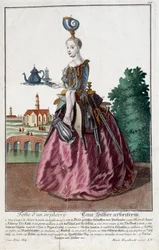 Metier: Kultaisen kalan nainen. Martin Engelbrechtin (1684-1756) kaiverrus, teoksessa "New assembly of the manouvries habilles" 18. vuosisata, Saksa. Pariisi, koristeellinen taide