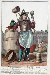 Panimon esitys suihkulähteellä, lasilla, kannulla, ämpärillä, tynnyrillä, nuijalla, kulholla, brocilla, kattilalla. Kaiverrus Martin Engelbrecht (1684-1756)