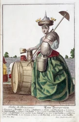 Panimon vaimon esitys, joka kantaa suppiloa päässään, viljapussia, kulhoa, ämpäriä, oluttynnyriä. Kaiverrus Martin Engelbrecht (1684-1756)