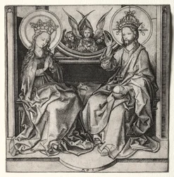 Isä Jumala ja Siunattu Neitsyt valtaistuimella Enkelit osallistuvat, n. 1480-90.