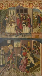 Pyhä Kristofer jättämässä kuninkaan, joka pelkäsi Saatanaa, pyhä Christopher ja hänen käännynnäisiä, 1480-85