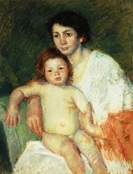 Alaston vauva äitinsä sylissä, oikea käsivarsi tuolin selkänojalla, 1913