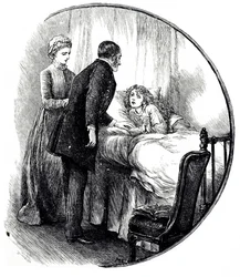 Kaiverrus, joka kuvaa lääkäriä vierailemassa nuoren potilaansa luona kotona. Kuvittanut Mary Ellen Edwards (1838-1934), englantilainen taiteilija ja tuottelias lastenkirjojen kuvittaja