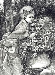 Kaiverrus, joka kuvaa nuorta tyttöä, joka haistaa kukkia puutarhauurnassa. Kuvittanut Mary Ellen Edwards (1838-1934), englantilainen taiteilija ja lastenkirjojen kuvittaja