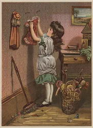 Tyttö ripustaa nuken vaatteita (chromolitho)