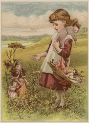 Tyttö vie nukkensa kävelylle (chromolitho)