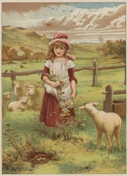 Tyttö kevätlammasta (chromolitho)