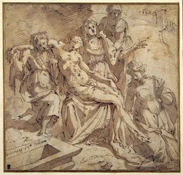 Pieta (kynä ja ruskea muste ruskealla pesulla valkoisella paperilla)