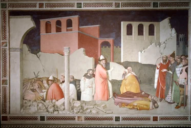 Uudenvuodenaaton jaksot: paavi pyhä Sylvester I (Silvester tai Silvestro) (314-335) sulkee lohikäärmeen suun (vas.) ja herättää henkiin kaksi taikuriterassia lohikäärmeen hengityksellä (paavi Sylvester I kääntää lohikäärmeen pois ja herättää henkiin sen uh