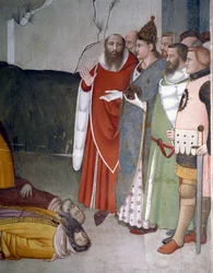 Uudenvuodenaaton jaksot: Paavi Saint Sylvester I (Silvester tai Silvestro) (314-335) nostaa kaksi maagia (Saint Sylvester herättää kaksi maagia) Maso di Bancon fresko (tunnetaan noin 1341-1346) 1300-luvun Firenze, Chiesa di Santa Croce , Cappella Bardi