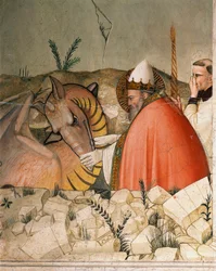 Episodit uudenvuodenaaton elämästä: Paavi Saint Sylvester I (Silvester tai Silvestro) (314-335) sulkee lohikäärmeen suun. Yksityiskohta. Maso di Bancon fresko (tunnetaan noin 1341-1346) 1300-luvun Firenze, Chiesa di Santa Croce, Cappella Bardi