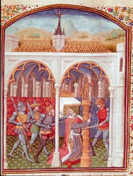 Kuninkaan murha. Miniatyyri italialaisen kirjailijan Giovanni Boccaccion, jota kutsutaan Jean Boccaceksi (1313-1375), teoksesta ”Kuuluisien miesten ja naisten kohtaloista” (De casibus), jonka käänsi Laurent de Premierfait ja kuvitti Dunois