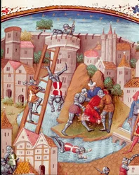 Linnoitetun kaupungin valloitus Yksityiskohta. Miniatyyri otettu Giovanni Boccaccion "Onnettomien jalomiesten ja -naisten tapauksista" (De casibus) sanoi Jean Boccace (1313-1375), italialainen kirjailija, Laurent de Premierfaitin kääntämä ja maston valaise
