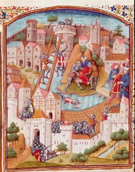 Linnoitetun kaupungin valloitus Pienoiskuva, joka on otettu kirjasta "Jaavien miesten ja naisten onnettomuuksien tapaukset" (De casibus), Giovanni Boccaccio sanoi Jean Boccace (1313-1375), italialainen kirjailija, Laurent de Premierfaitin kääntämä ja Dunoi