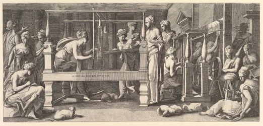 Naiset kehrävät, kutovat ja ompelevat, 1540-50.