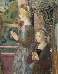 Italia, Piemonten alue, Alessandrian maakunta, Serralunga di Crea, Sacro Monte di Crea, Santa Maria Assuntan pyhäkkö, Antiokian Pyhän Margaretan kappeli, Paleologoa ja Bernarda di Bossea kuvaava fresko