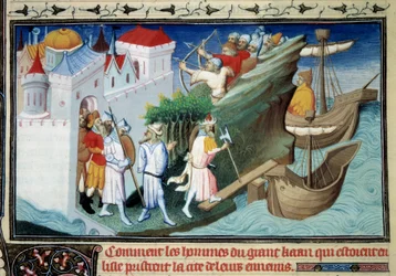 Suurkhaani japanilaisia vastaan tai "Kuinka saarta ympäröivät suuren kahanin miehet valloittivat vihollistensa kaupungin". Miniatyyri otettu Marco Polon (1254-1324) "" The Book of Wonders" -kirjasta. Valaisi Master of Egerton