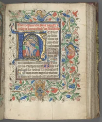 Tuntikirja Utrechtin käyttö: fol. 63r, nimikirjaimella Pyhä kolminaisuus, n. 1460-1465.