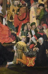 Sotilaat arvostavat Kristuksen vaatteita, yksityiskohta Ristiinnaulitsemisesta, n. 1500 (katso 148971 ja 150815)