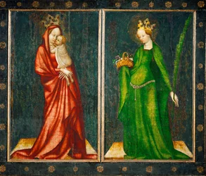 Kaksi alttarin ulkopaneelia, vasemmalla Madonna, oikealla Pyhä Dorothea (maalaus tammipuulle).