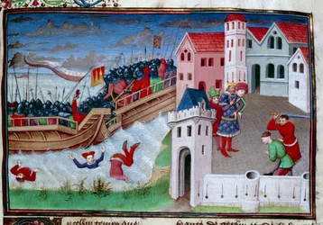 Taistelukohtaus ja pään mestaus. Kuvitus Giovanni Boccaccion (Jean Boccace) romaanista "The Decameron"
