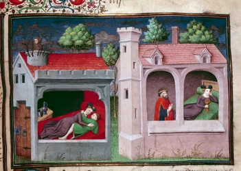 Upea kohtaus: kaksi pariskuntaa puhumassa. Italialaisen kirjailijan Giovanni Boccaccio dit Jean Boccacen (1313-1375) "Decameron" -käsikirjoituksen ranskankielinen sivu Manselin mestarin valaisemana. 1450. Pariisi, Arsenaalin kirjasto