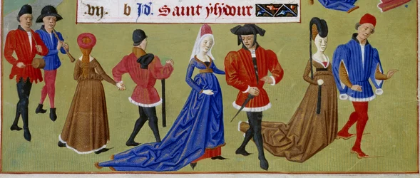Toukokuu: Hoviherrat kävelevät. Yksityiskohta valaistusta käsikirjoitussivusta, joka on otettu Savoyn Adelaiden mestarin (1400-luku) ja Jean Rolinin mestarin (1400-luvulla) Burgundin herttuattaren tuntikirjasta.