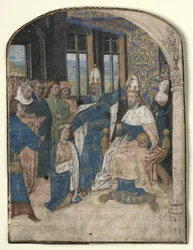 Miniatyyri Speculum Historialesta: Claudius nimeää Neron seuraajakseen, 1447-60.