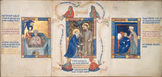 Kolme kohtausta, jotka kuvaavat "Kristus ilmestyy Maria Magdalenalle", "Darius löytää Danielin vahingoittumattomana leijonan suussa" ja "Puoliso rakkaansa kanssa", kuvitus teoksesta "Biblia Pauperum"