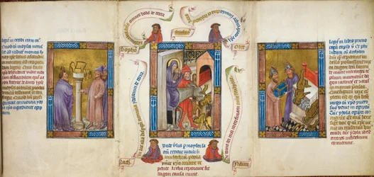 Kolme kohtausta, jotka kuvaavat "lento Egyptiin", "Mooses murtaa kultaisen vasikan" ja "Dagon putoaa arkin eteen", kuvitus "Biblia Pauperumista"