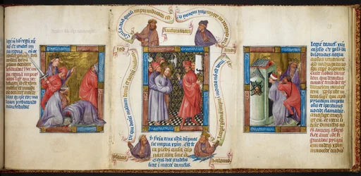Kolme kohtausta, jotka esittävät aiheita ”Profeettojen surmaaminen”, ”Kristus Pilatuksen edessä” ja ”Danielin vankeus”, kuvitus teoksesta ”Biblia Pauperum”