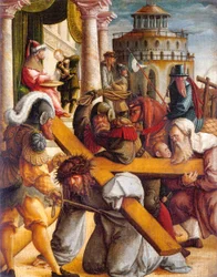 Saksa: Kreuztragung Christi und Handwaschung des Pilatus Kristus kantaa ristiä ja Pilatus pesee kätensä.
