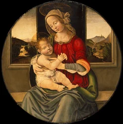 Madonna ja lapsi, maiseman takana (öljy paneelille)