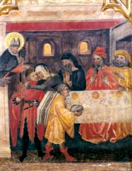 Pyhän Nikolauksen, Pyhän Claren ja Pyhän Antoniuksen alttaritaulu. Yksityiskohta. Kohtaus Saint Nicholas Tablan elämästä con escena de la vida de San Nicolas. OBISPO GALIANAN mestarin maalaus (1300-luku). Sant Nicolas Vellin kirkosta Portossa, P