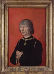 ""Muotokuva Bruggen Louisista, Gruuthusen herra (1422-1492)"" Prinssien muotokuvien mestarin maalaus (aktiivinen noin 1450) Noin 1490 Groeningemuseum, Brugge