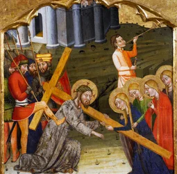 Jeesus kantaa ristiä, Rubion mestari (1300-luku), Santa Marian kirkon alttaritaulun predella, Rubio, maalaus puulle.