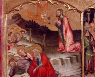 Kristus oliivipuutarhassa, enkeli pitää ehtoollista, Rubion mestari (1300-luku), Santa Marian kirkon alttaritaulun predella, Rubio, maalaus puulle.
