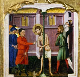 Rubion mestarin (1300-luvulla) liputus, Santa Marian kirkon alttaritaulun predella, Rubio, maalaus puulle.