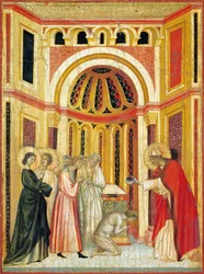 Piispa Urban kastaa Tiburcioa, yksityiskohta alttaritaulusta Legend of St Cecilia, noin 1304, mestari Saint Cecilia (toimii 1300-luvun alussa), tempera paneelissa ja kultalehti leimattu, 85x181 cm