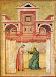 Cecilia suostuttelee miehensä Valerianin kasteeseen, yksityiskohta alttaritaulusta, joka kuvaa Pyhän Cecilian legendaa, noin 1304, mestari Saint Cecilia (toimii 1300-luvun alussa), tempera paneelissa ja kultaleima, 85x181 cm