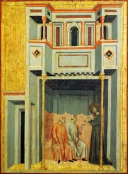 Pyhä Cecilia ja Valerianus muuttavat Tiburcioa, yksityiskohta alttaritaulusta, joka kuvaa Pyhän Cecilian legendaa, noin 1304, mestari Saint Cecilia (toimii 1300-luvun alussa), tempera paneelissa ja kultalehti leimattu, 85x181 cm