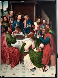 La cene (Viimeinen ehtoollinen) San Giovanni evangelistan (Saint John Evangelista) maalaus (1400-luvun loppu) Koko 120x90 cm Genes, Musei di Strada Nuova (ex Palazzo Bianco) inv n PB 156