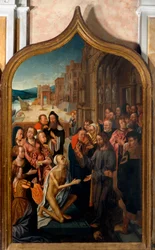Tryptic: "" Lasaruksen ylösnousemus"" San Lorenzon mestarin maalaus. San Lorenzo della Costan seurakunta, Santa Margherita Ligure (Genova)