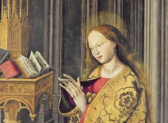 Neitsyt Maria lukemassa Tuntien kirjaa, noin 1445 (26541:n yksityiskohta)