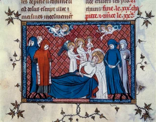 Saint Louisin kuolema Tunisissa 25. elokuuta 1270. Miniatyyri käsikirjoituksesta "Saint Louisin elämä ja ihmeet" (sivu 277), valaistunut Mahiet ja kirjoittanut William Saint-Pathusista