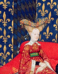 Harl 4431 fol.3 Isabeau Baijerilainen, Ranskan kuningatar (1371-1435), Christine de Pisanin runoista, n. 1410-15 (vellum) (yksityiskohta numerosta 53284)