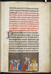 Cotton Tiberius B. VIII f. 49r Kuningas uhraa miekan alttarilla, kuvitus Ranskan kuninkaan Kaarle V:n kruunajaiskirjasta